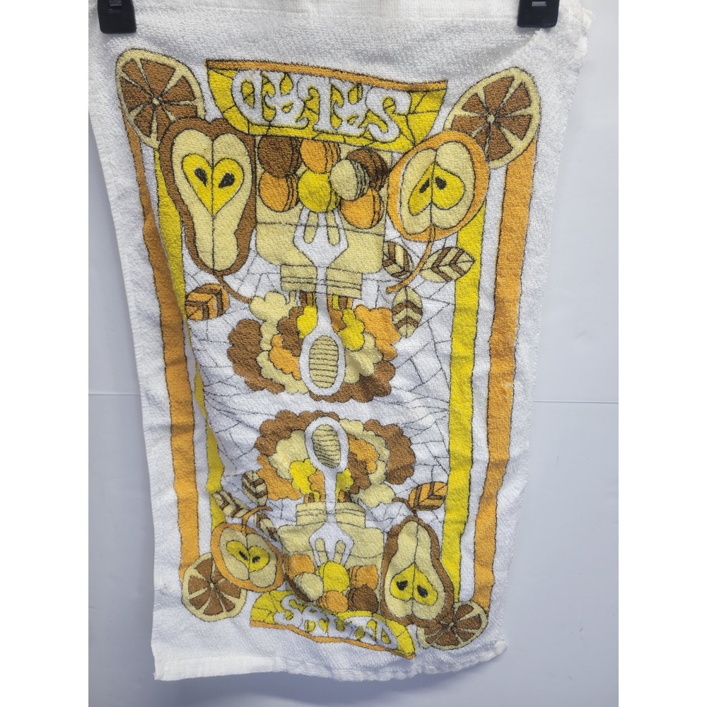 Vintage 70s Retro Fruit Salad Kitchen Towel White Cotton Yellow Orange Brown MCM
